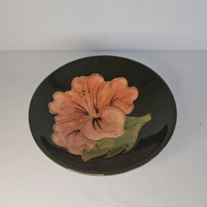Moorcroft Mini Pin Bowl plate Hibiscus Glossy Ceramic Green Pink signed